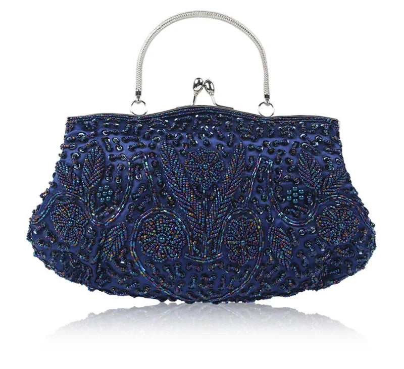 Women's Beaded Embroidered Small Evening Clutch Bag with Chain Shoulder Strap