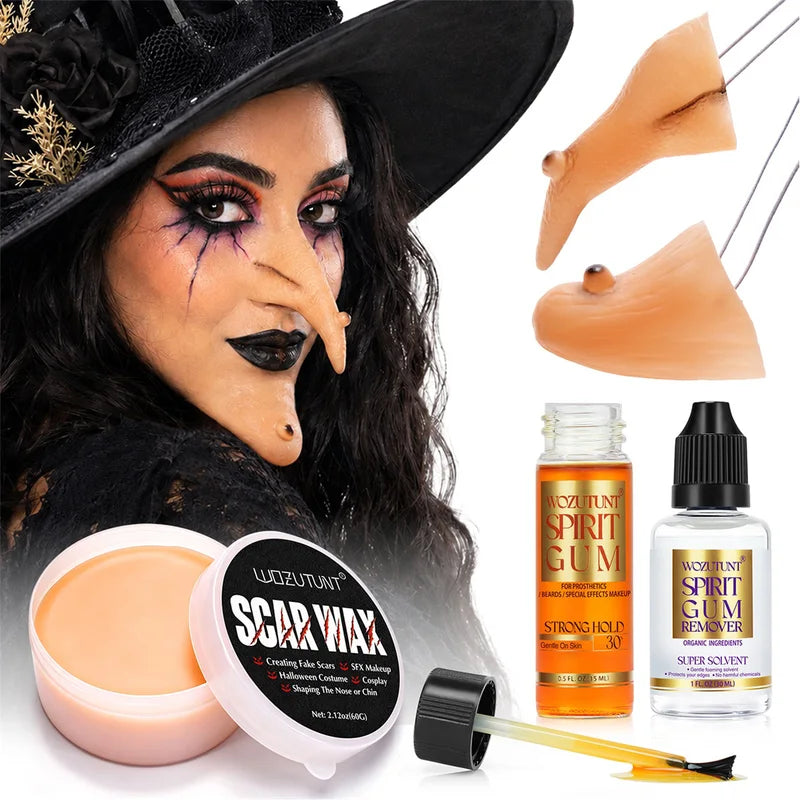 Halloween Makeup Kit with Scar Wax, Spirit Gum, Prosthetic, and Remover - Cosplay & Party