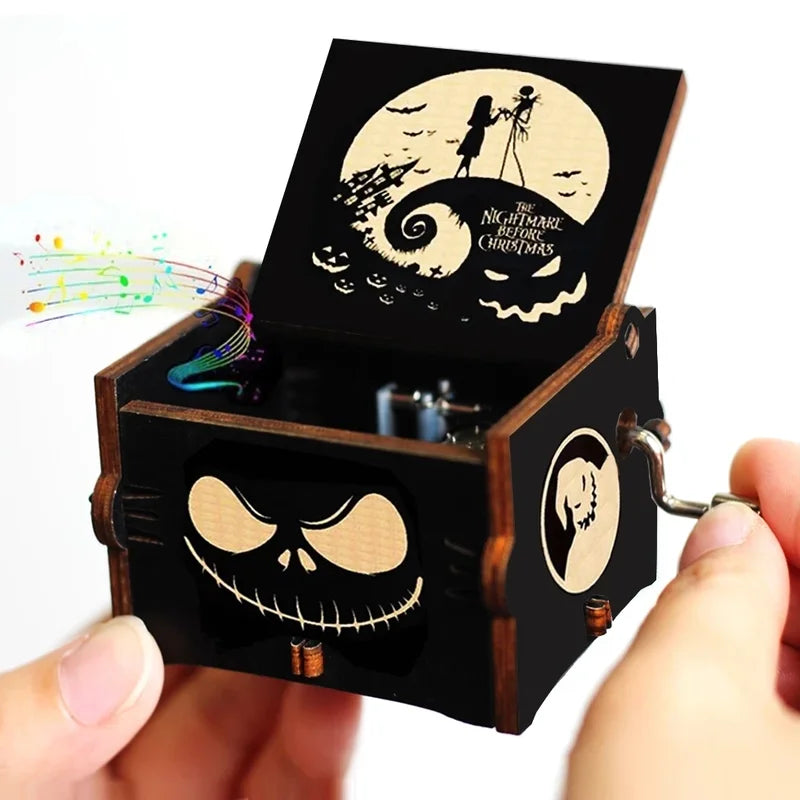 Antique Carved Wooden Music Box Halloween Christmas Gift Hand Crank Decor