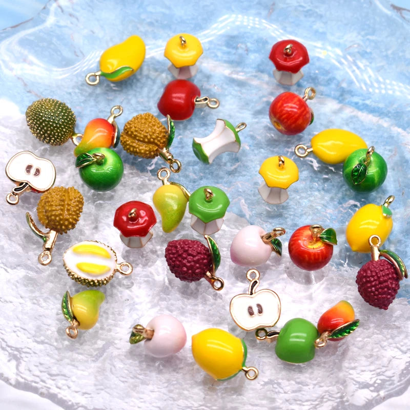 Fruit Drip Oil Charms Set for Jewelry Making - Apple Peach Mango Durian Pendants, Small Alloy DIY Necklace & Earring Charms
