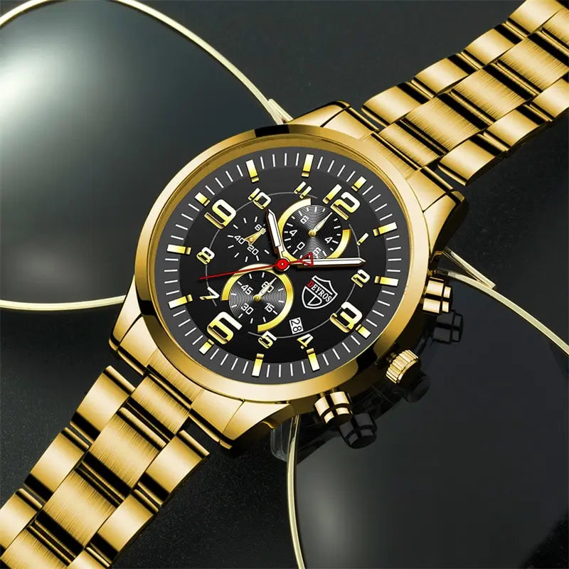Men's Luxury Stainless Steel Quartz Sports Watch with Luminous Hands and Calendar