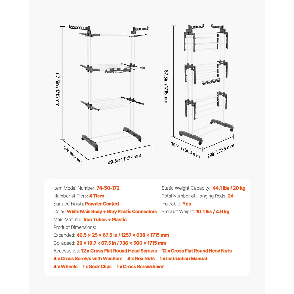 Foldable Clothes Drying Rack with Sock Clips, Adjustable Height Indoor Outdoor Laundry Dryer