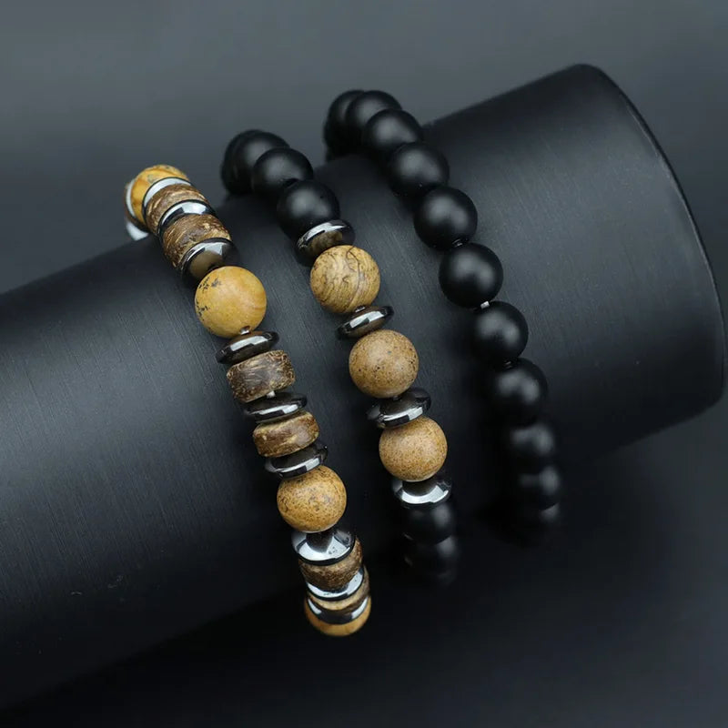 Natural Stone Men’s Beaded Bracelet Set - Onyx, Tiger Eye, Wooden Charm Gift