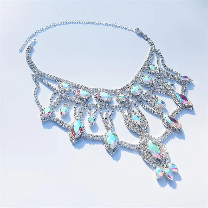 Exaggerated AB Crystal Pendant Necklace Bridal Wedding Party Jewelry