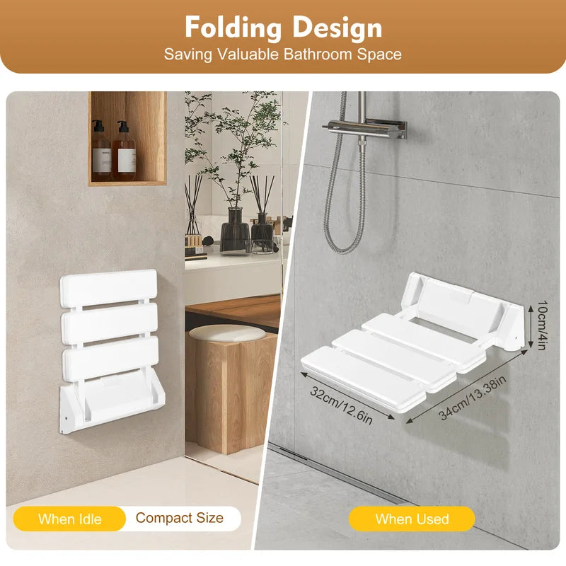 Wall Mounted Folding Shower Seat - Non-Slip Bathroom Wall Stool, Supports 130kg