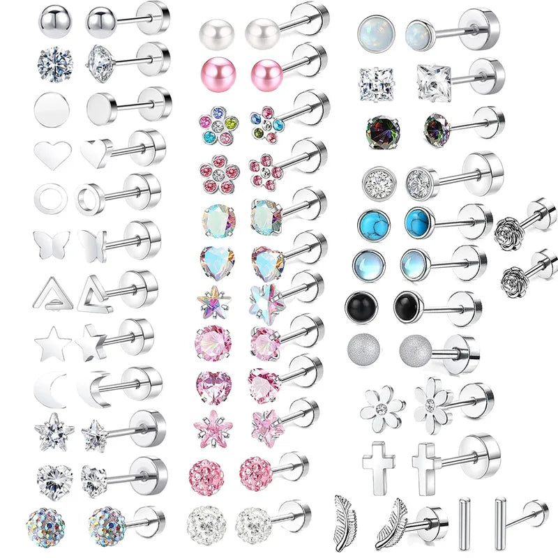 2PCS Stainless Steel Heart Moon Ear Studs - Women’s Tragus Cartilage Earrings