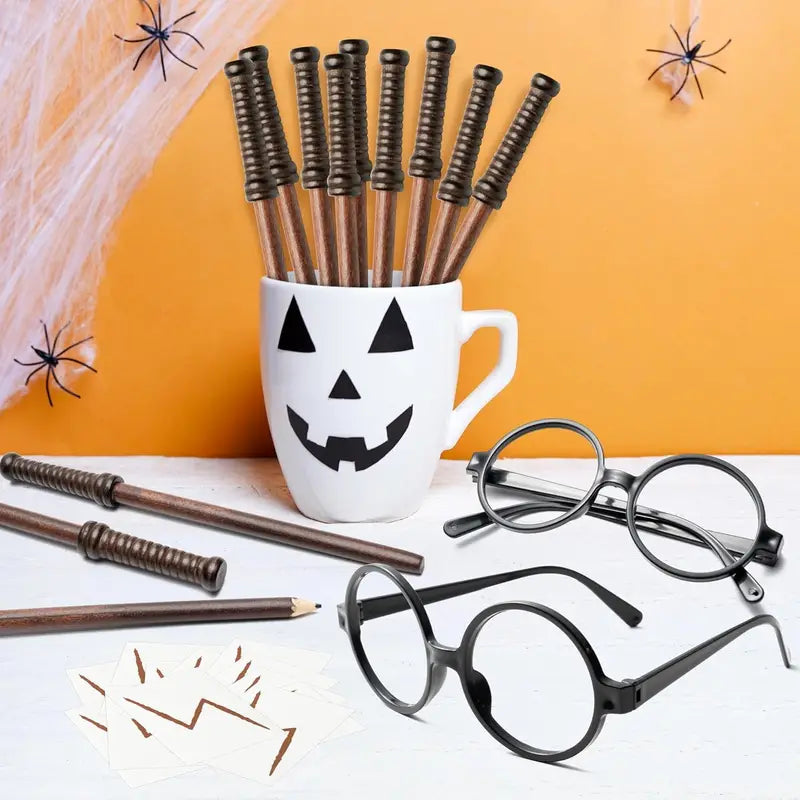 Wizard Party Favors Set with Wand Pencils, Glasses, Brooms & Lightning Tattoos