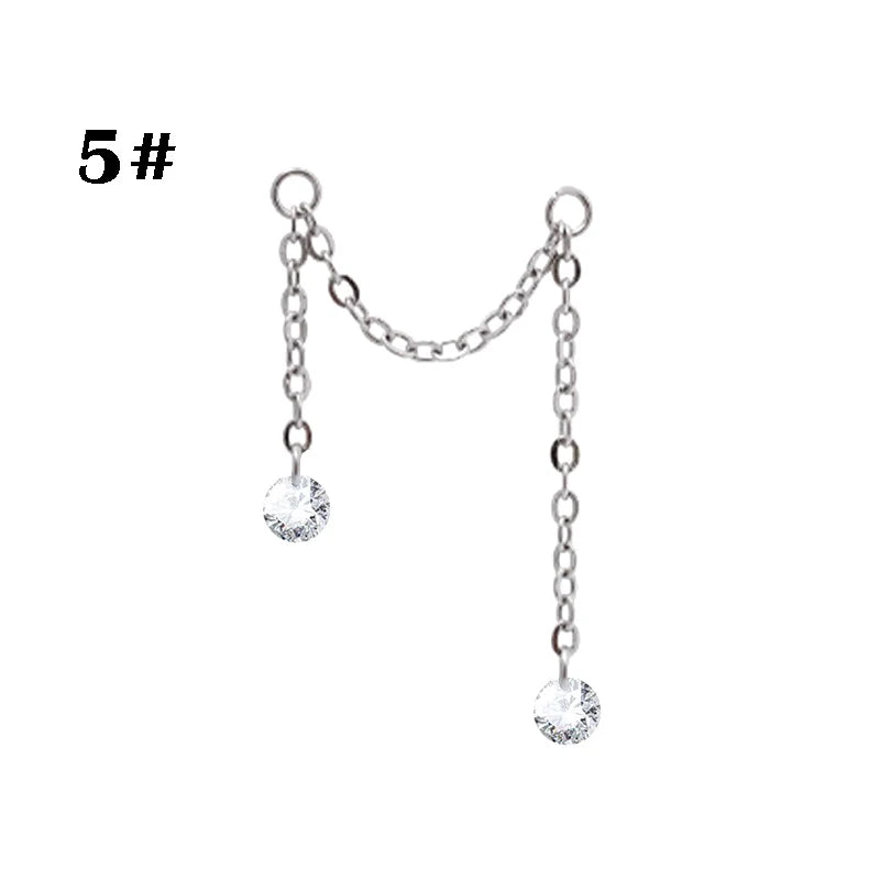Stainless Steel Chain Ear Stud with Zircon Stars & Hearts - Cartilage Piercing Jewelry