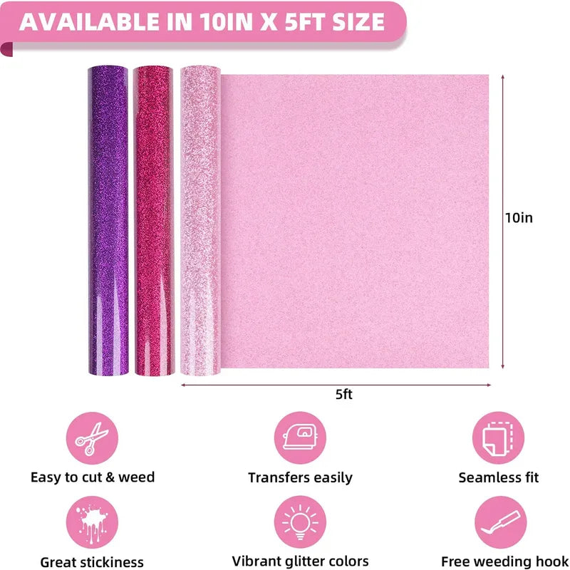 12 Pack Glitter Heat Transfer Vinyl Rolls for Cricut T-Shirt Printing - 10x5ft