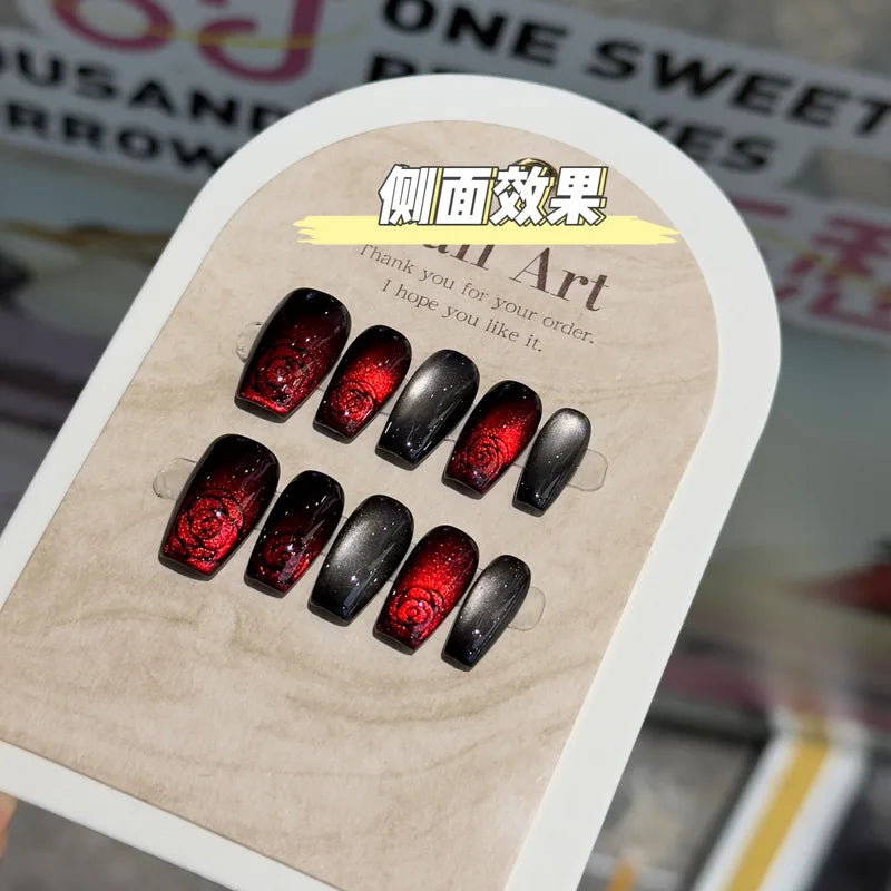 10pcs Handmade Press On Nails with Glass Beads and Cat's Eye Effect for Women & Girls Halloween