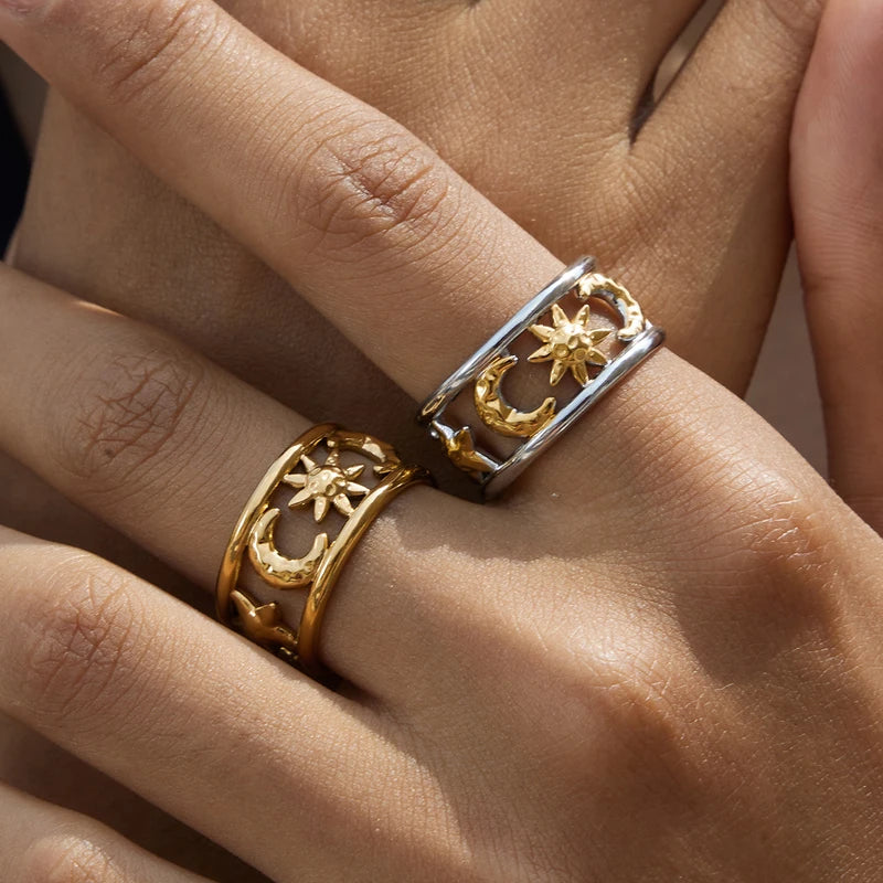 Minimalist Star & Moon Double Layer Open Rings - Waterproof Stainless Steel Jewelry Gift