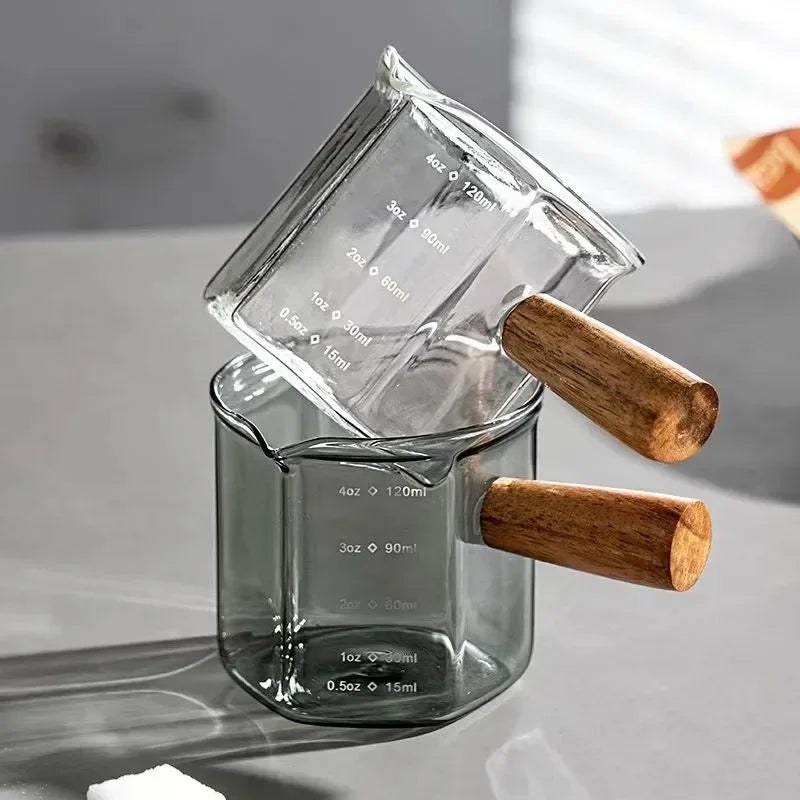 120ml Glass Espresso Measuring Cup with Scale & Wooden Handle - Coffee & Latte Tool