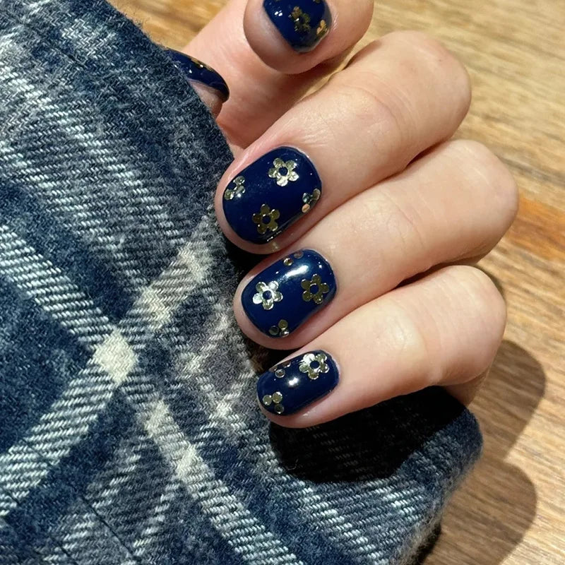 Short Square Fake Nails for Women Girls Spring Summer Floral Design - Deep Blue & Gold