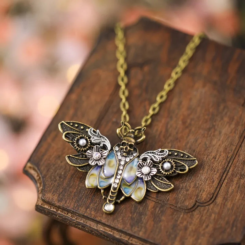 Vintage Boho Moth Pendant Necklace with Skull - Gift for Women, Daily Wear
