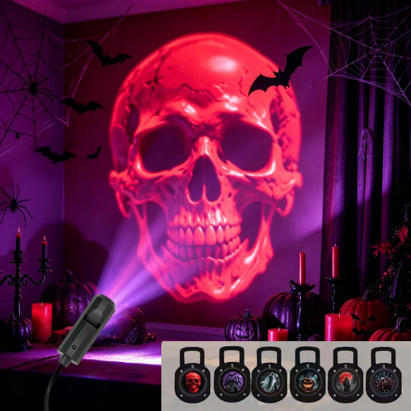 Halloween USB LED Projection Lamp 3/6 Patterns Ghost Bat Skeleton Spider Atmosphere Light