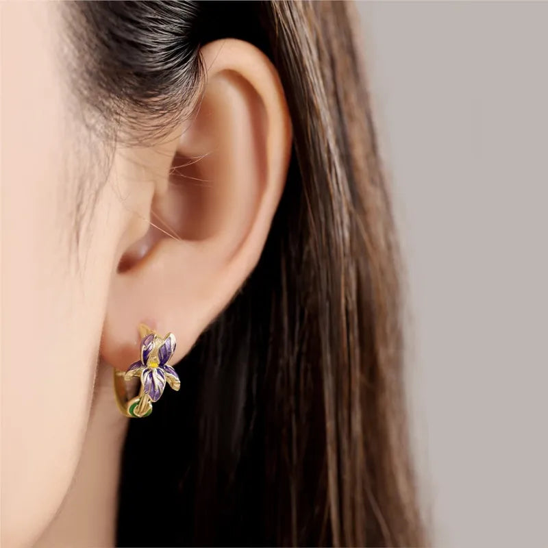 Sterling Silver Iris Flower Earrings for Women – Versatile Hoop Jewelry Gift