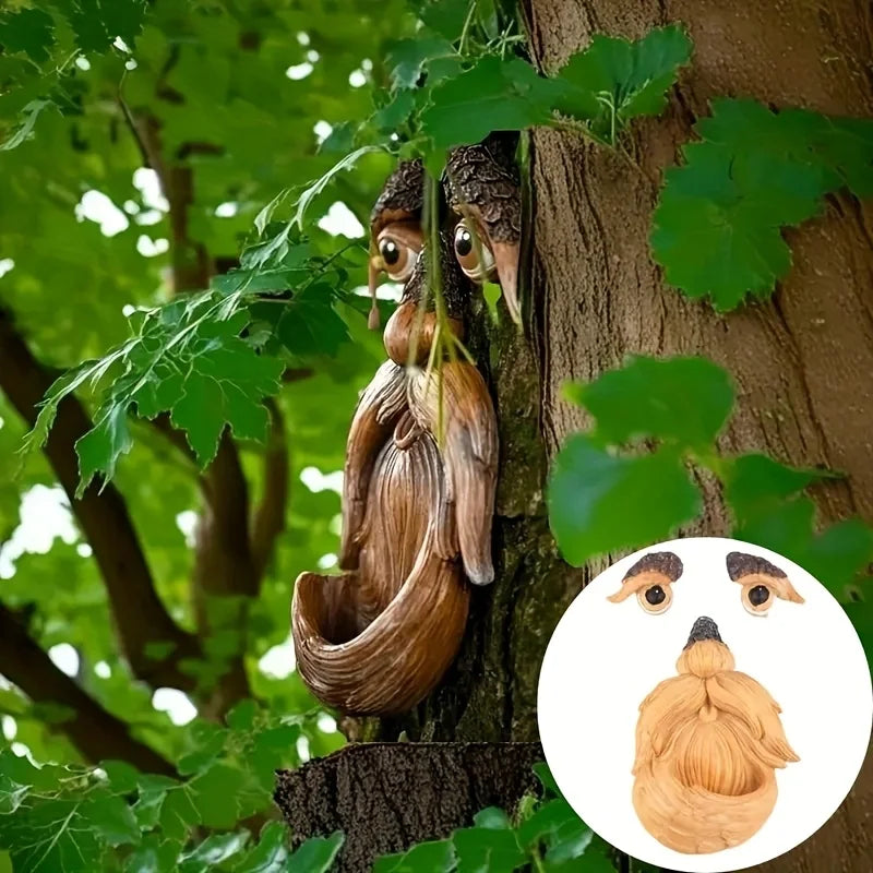 Outdoor Tree Face Bird Feeder with Glowing Eyes Yard Garden Decor - Old Man Tree Sculpture