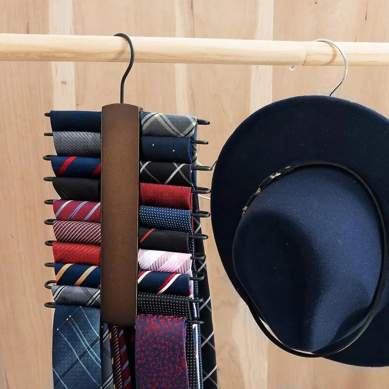 Wooden Tie Storage Rack with 360° Rotation and Anti-Slip Grooves - Space-Saving Closet Organizer