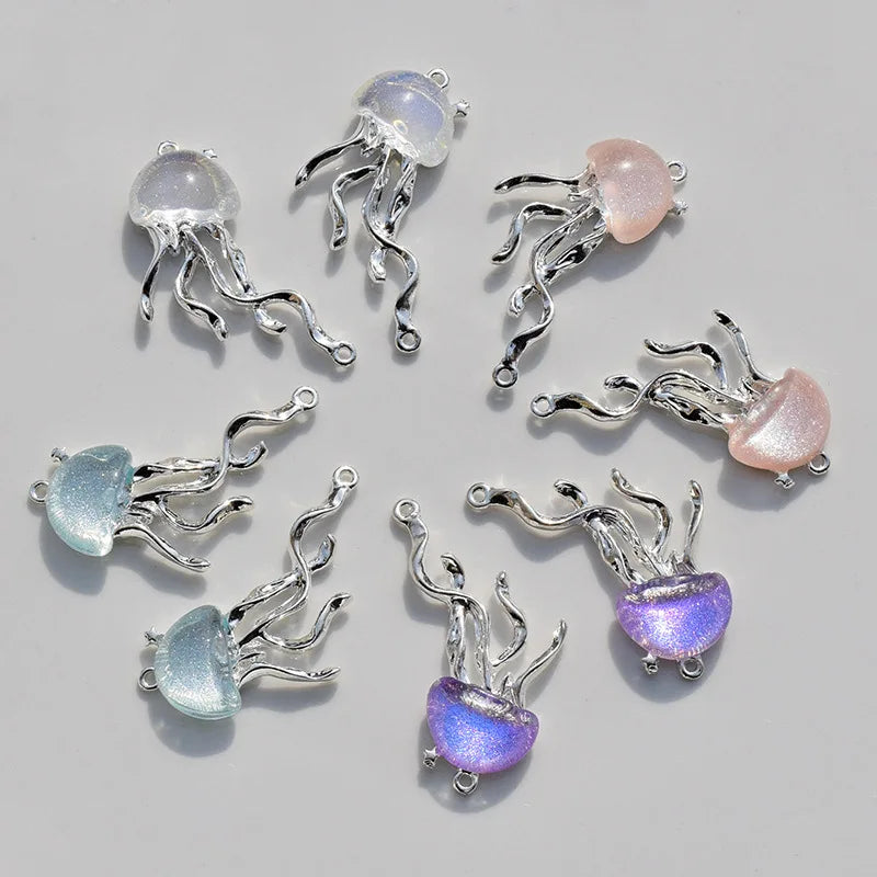 8pcs Ocean Animal Enamel Charm Beads for Jewelry Making - Jellyfish Dangle 40x22mm