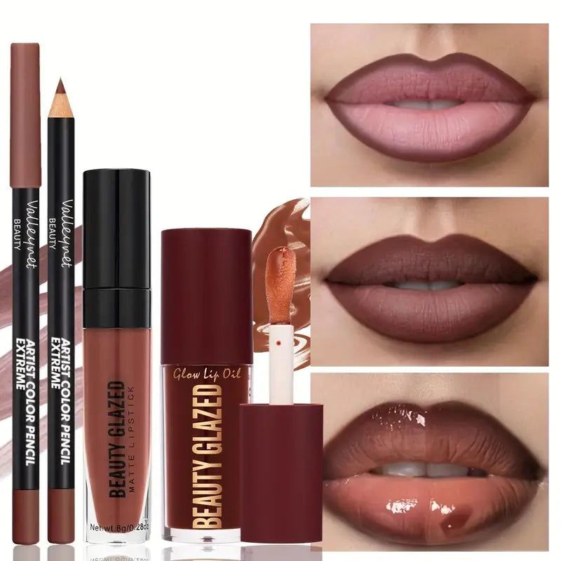 3Pcs Lip Makeup Set with Lip Liner, Lip Gloss & Lip Oil - Long-Lasting Waterproof