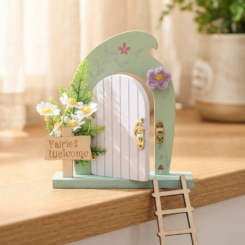 Mini Fairy Door Set with Ladder & Sign for Dollhouse Decor Whimsical Garden Accessory