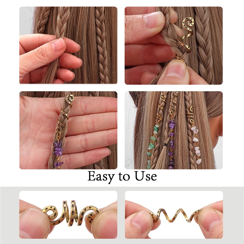 Natural Chip Stone Pendant Hair Accessories for Women Girls Spiral Hair Cuffs
