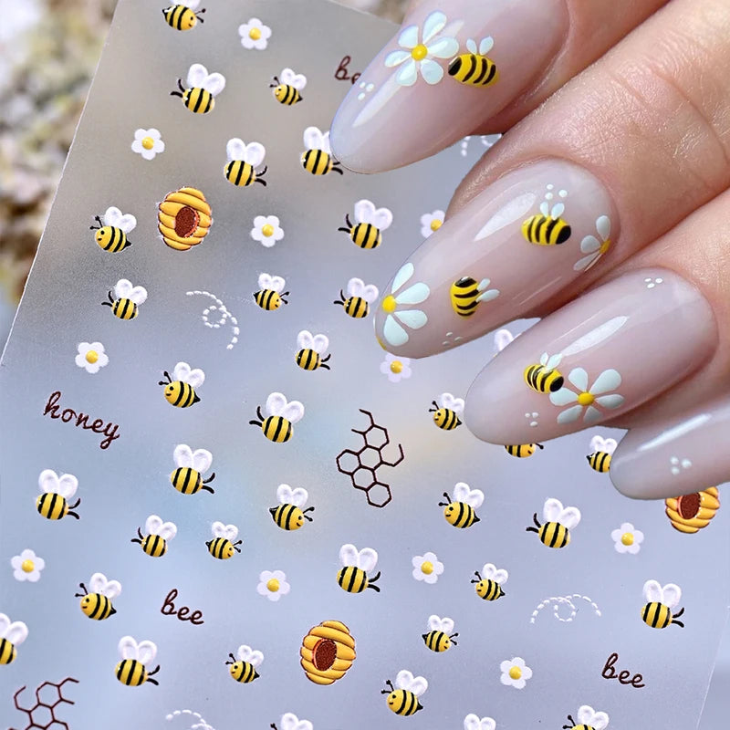 Cute Bee Daisy Flower Nail Art Stickers - 5D Embossed DIY Manicure Decals