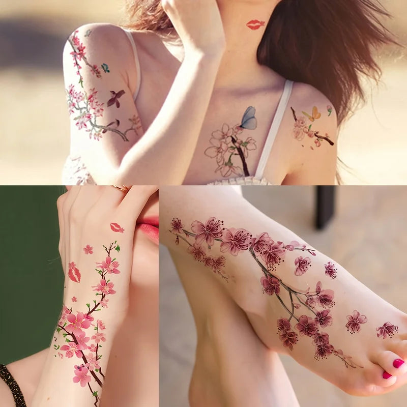 Waterproof Sakura Flower Tattoo Stickers for Body & Arm Art - 12 Sheets