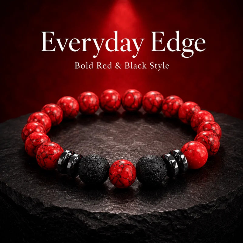 Red and Black Beaded Bracelet with Red Stone-Like Textures - Gift Ready