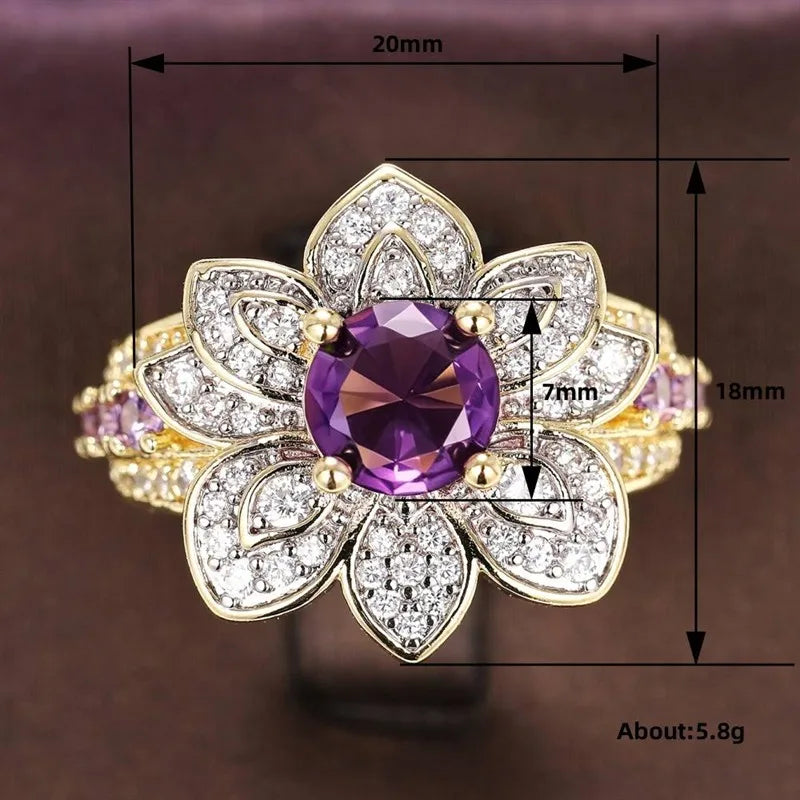 Gold Color Flower Ring with Purple Cubic Zirconia - Engagement & Party Jewelry
