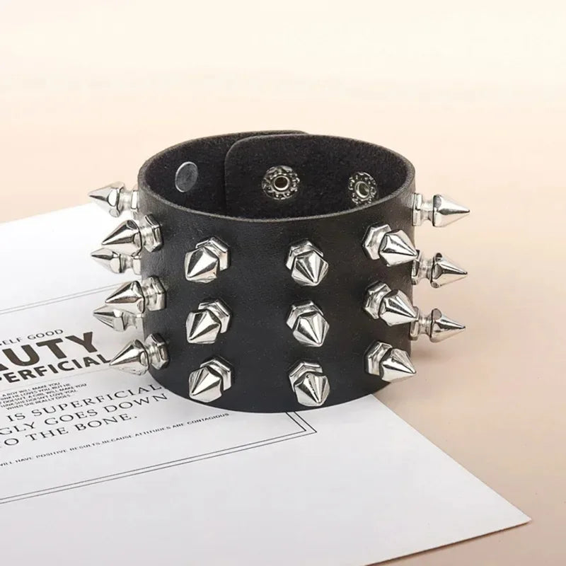Goth Leather Wristband for Men Women - Spike Studded Adjustable Cuff Bracelet