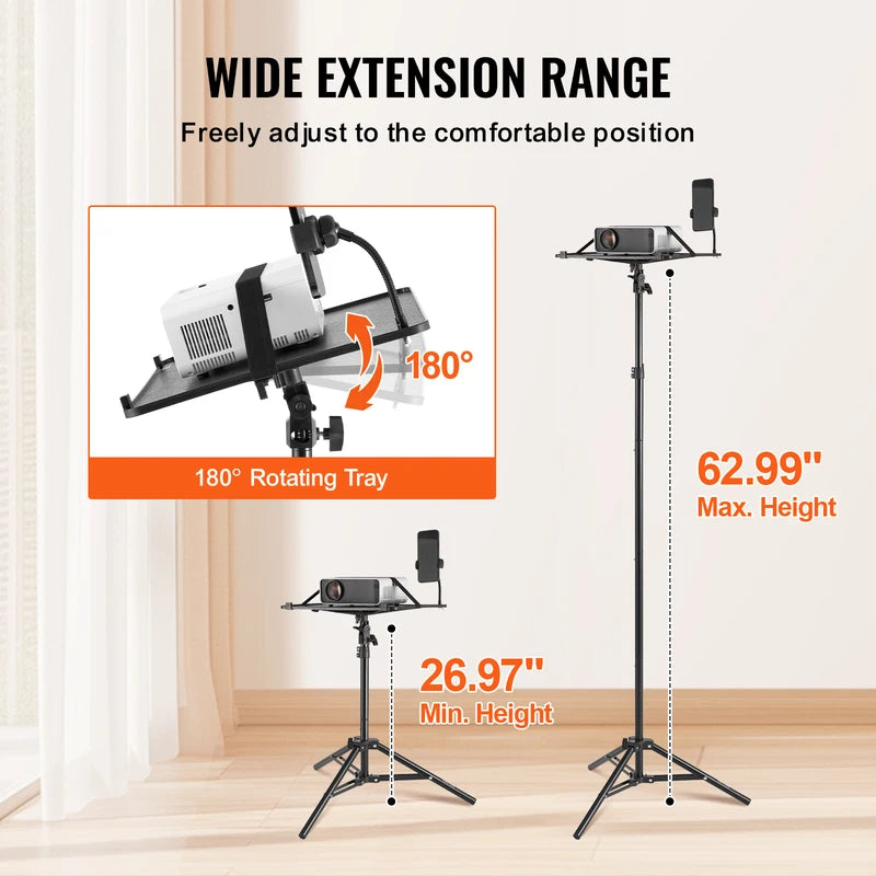Portable Adjustable Projector Tripod Stand with Tray & Phone Holder