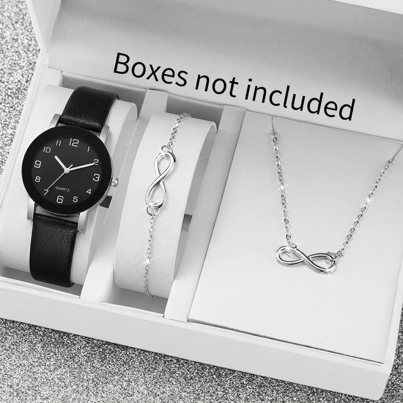 Women’s Fashion Watch Set with Necklace and Bracelet - Leather Strap, Quartz Movement, Multiple Colors