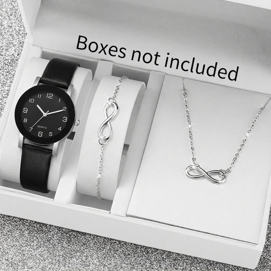 Women’s Fashion Watch Set with Necklace and Bracelet - Leather Strap, Quartz Movement, Multiple Colors