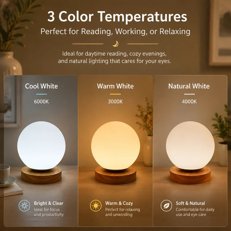 Modern Solid Wood Spherical Table Lamp for Bedroom & Living Room