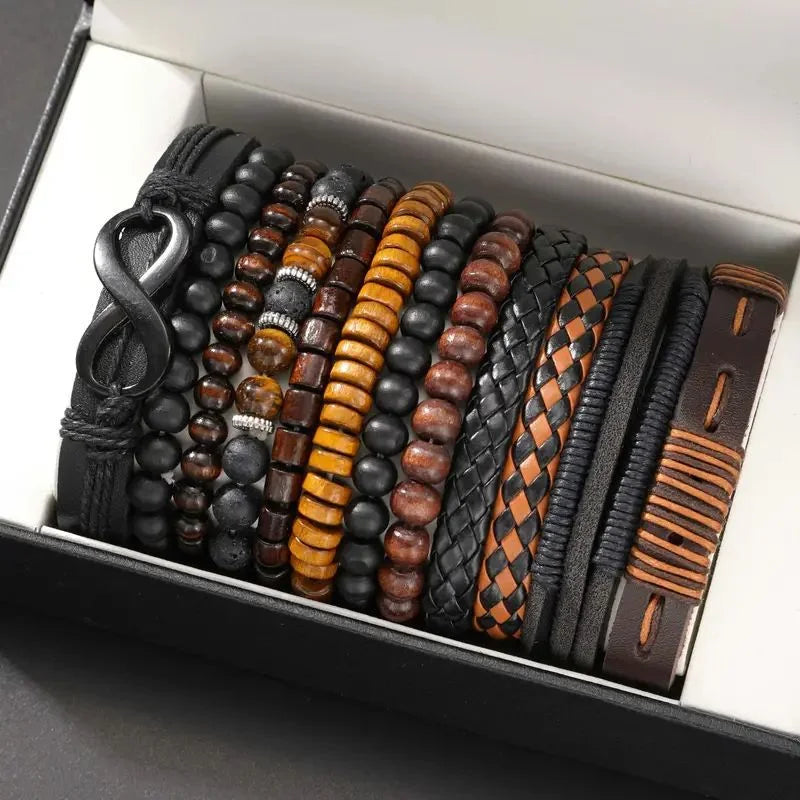 Vintage Woven Leather Bracelet Set for Men and Women - 8 Shape Tiger's Eye Braided Jewelry