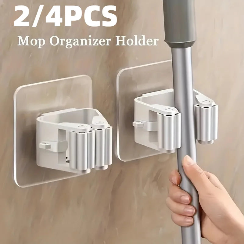 2/4pcs Mop Organizer Holder Wall Mount with No Drill Adhesive Bathroom Storage Hooks