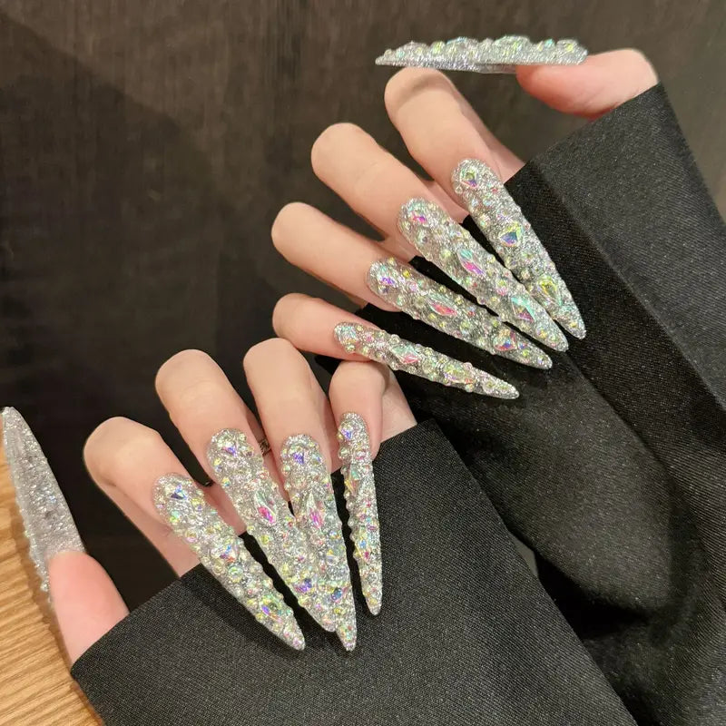 10Pcs Long Stiletto Fake Nail Tips with Diamond Accents - DIY Press On Nails