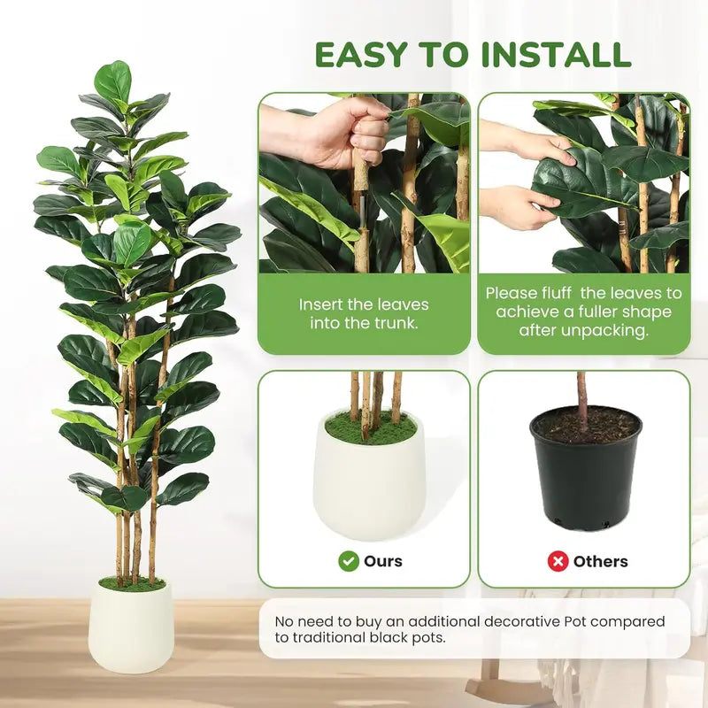 Artificial Fiddle Leaf Fig Tree with Pot - Faux Indoor Plant, Greenery, Fake Tree