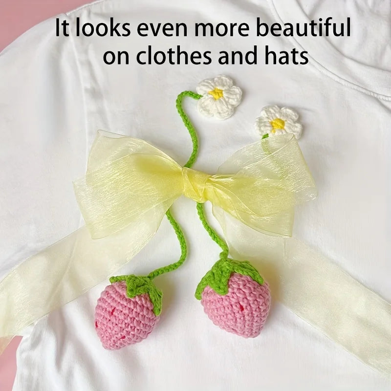 Cute Strawberry Car Hanging Decor - Knitted Fruit Pendant for Vehicle Interior