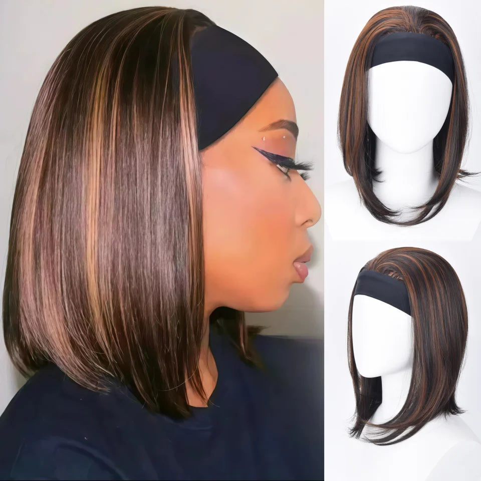 16 Inch Synthetic Headband Wig for Women - Ombre Brown Straight Bob Hair