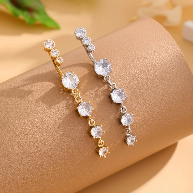 Long Dangled Flower CZ Belly Button Ring Stainless Steel Navel Piercing Jewelry