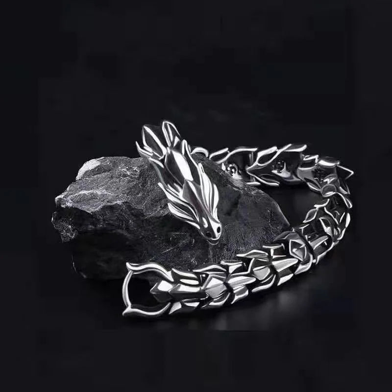 Men's Viking Dragon Bangle Bracelet Vintage Punk Metal Jewelry - 20cm