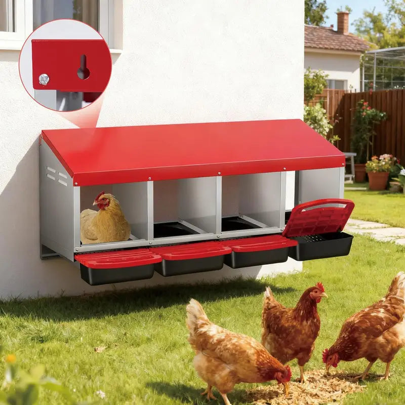 Multi-Compartment Metal Chicken Nesting Box with Automatic Egg Roll-Out, Waterproof Steel Coop