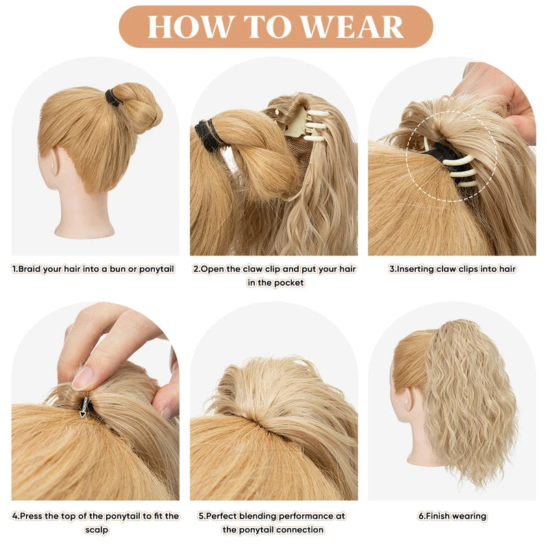 Synthetic Curly Claw Clip-In Ponytail Hair Extensions - Blonde Brown Short Hairpiece