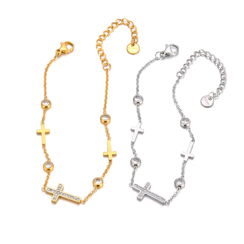 Stainless Steel Cross Charm Bracelet for Women 18K Gold Plated Wedding Jewelry