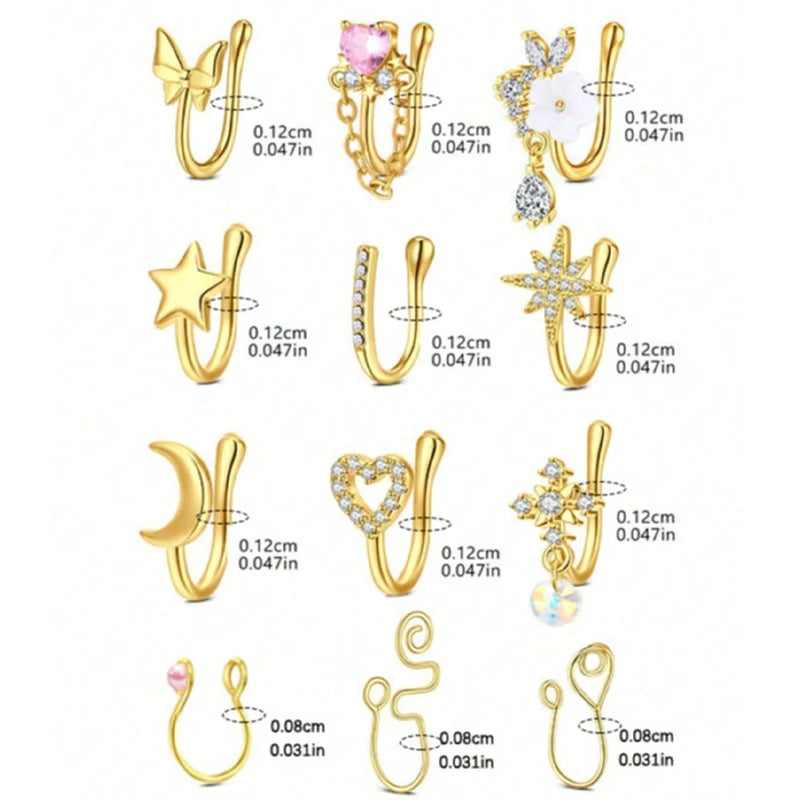 Women’s Fake Nose Ring U-Shaped Dangle Style Zirconia Nose Stud Gold Stainless Steel