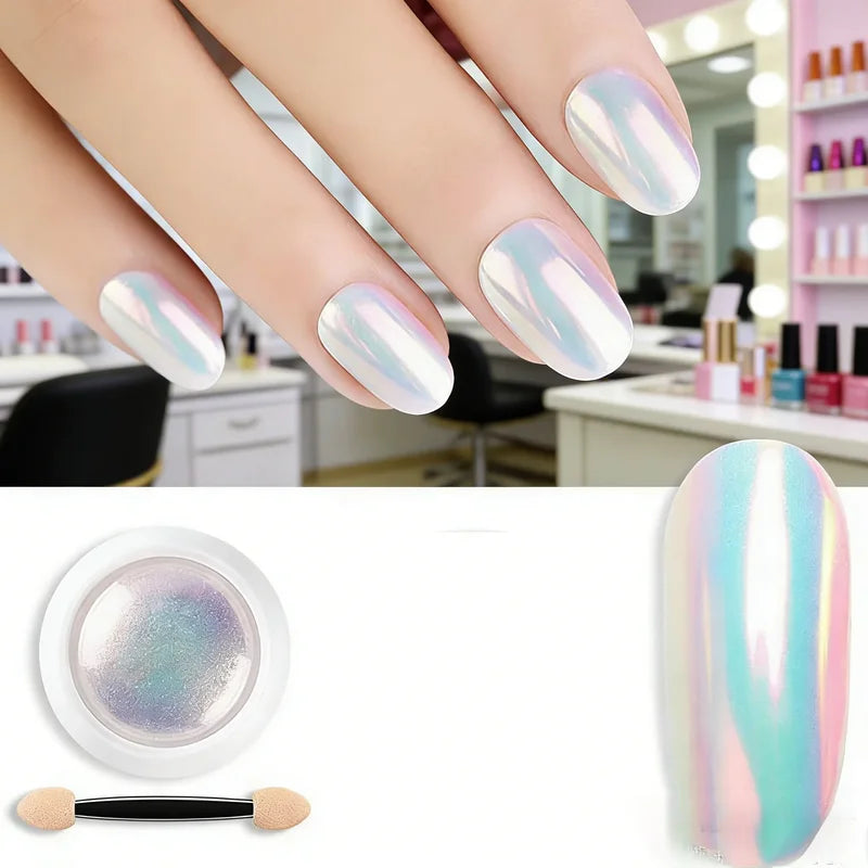 Mirror Effect Nail Chrome Powder - Iridescent Pearl & Aurora Glitter