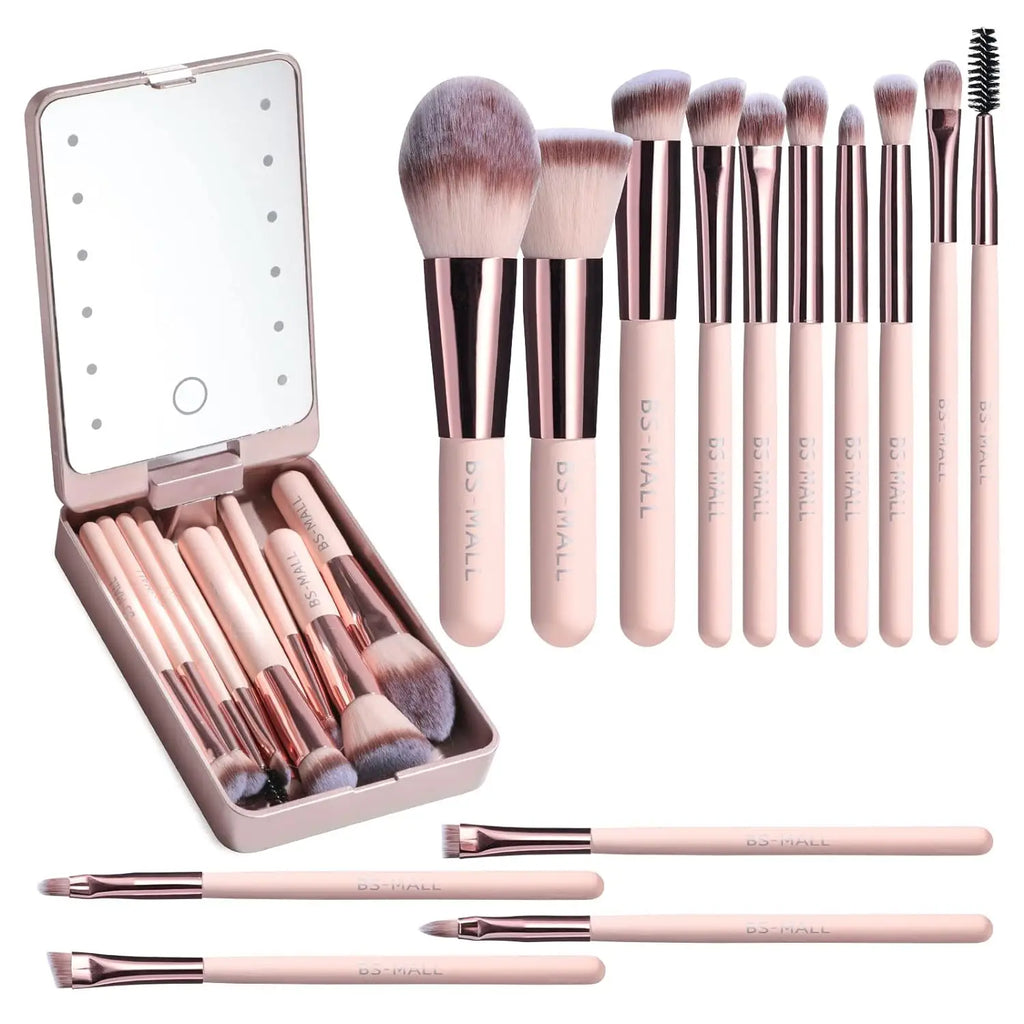 14-Piece Makeup Brush Set with LED Mirror - Travel Cosmetic Face & Eye Brushes