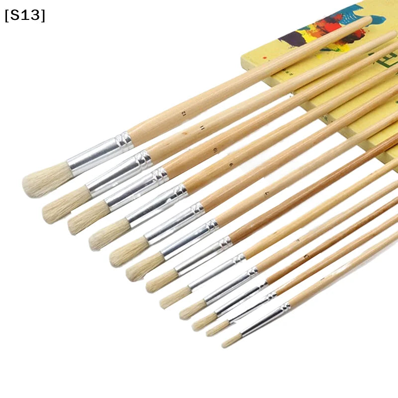 12Pcs Oil & Acrylic Art Brushes Set - Round Pig Bristle Hair with Long Wooden Handles